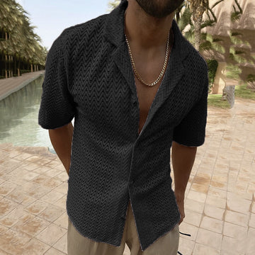 Wiaofellas 2023 Spring Summer Fashion Hollow Out Knit Shirts Men Solid Color Short Sleeve Button Lapel Tops For Mens Clothes Leisure Shirt